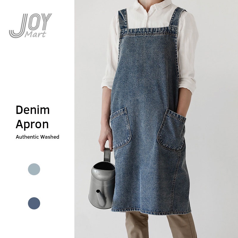 JoyMart Washed Denim Cotton Apron Art Canvas Work Apron Anti-Fouling Oil-Proof เหมาะสําหรับกระเป๋าห้