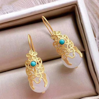 PANAOBEN💛ต่างหู ใหม่เงินฝังหยกธรรมชาติ Turquoise Drop ต่างหูจีนคลาสสิกแห่งชาติสไตล์ผู้หญิงเครื่องประดับแบรนด์วินเทจเกาหลีต่างหูเก็บ Diy ต่างหูสตั๊ดหรูหราสเตอร์ลิงทอง- ชุบอุปกรณ์เสริมผีเสื้อ ต่างหูเงินแท้ ต่างหูคริสมาสต์
