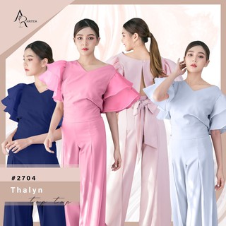 ARINDA Thalyn Top 2704 : เสื้อคอวี แต่งแขนระบายผ้าออแกนดี้ ดีเทลผ่าหลัง แถมโบว์ตรงช่วงเอว