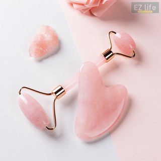 EZ เครื่องนวดหน้า Natural Rose Quartz Jade Roller Face Massageเครื่องล้างหน้าคริสตัล หินอ่อนนวดหน้า ลูกกลิ้งหินธรมชาติ