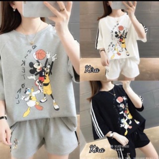 สินค้านำเข้า🌟🌟 SET Micky2ชิ้น เสื้อ+กางเกงลายมิกกี้ แต่งแถบเส้นด้านข้าง ผ้าดีมากกค่ะ