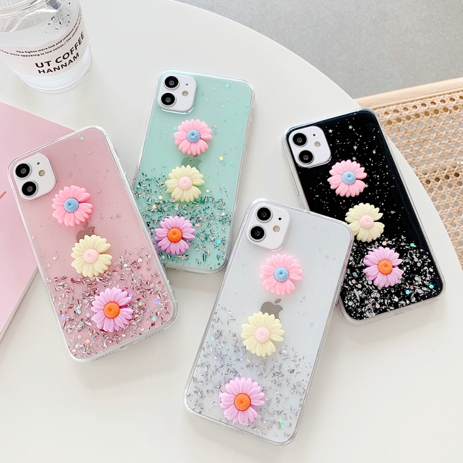 เคส Samsung J8 J7 J6 J6+ J4 J4+ A21S A02S A9 A7 A6 A6+ Plus Pro Prime 2018 Shiny Fragment Girly Style Cute Three Little Flowers Soft TPU Case Cover