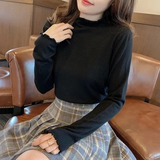 เสื้อแขนยาวผู้หญิง คอเต่า สีพื้น เนื้อผ้านิ่ม สไตส์เกาหลี