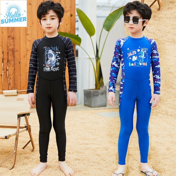พร้อมสต็อกชุดว่ายน้ําแขนยาวชิ้นเดียวสําหรับเด็กผู้ชาย 5-13Years Kids Shark Jumpsuit ชุดว่ายน้ํา