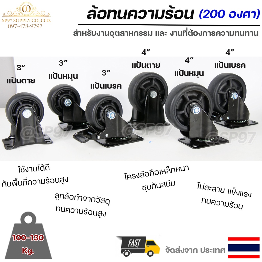 ล้อทนความร้อน ถึง 200 องศา ล้อรถเข็น ล้ออุตสาหกรรม ล้อยูรีเทน สีดำ (ขนาด 3"-4") แป้นตาย แป้นหมุน แป้นเบรค (ราคา 1 ลูก)