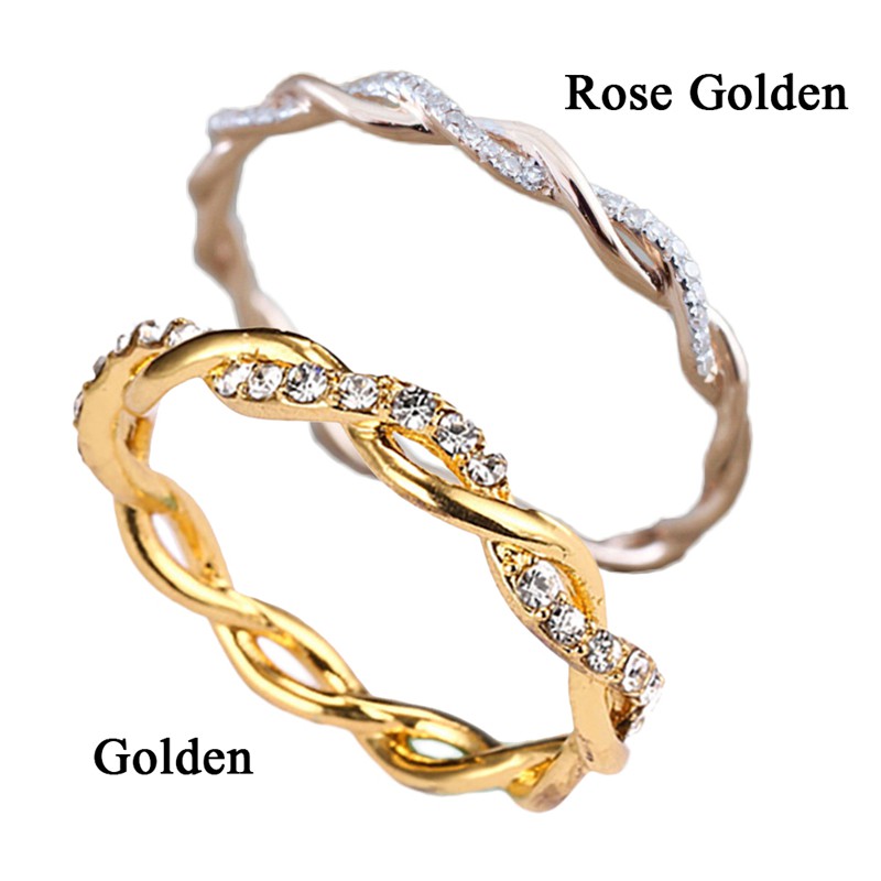 SS Gold Twisted Crystal Diamond Ring Women Engagement Wedding Bridal Rings