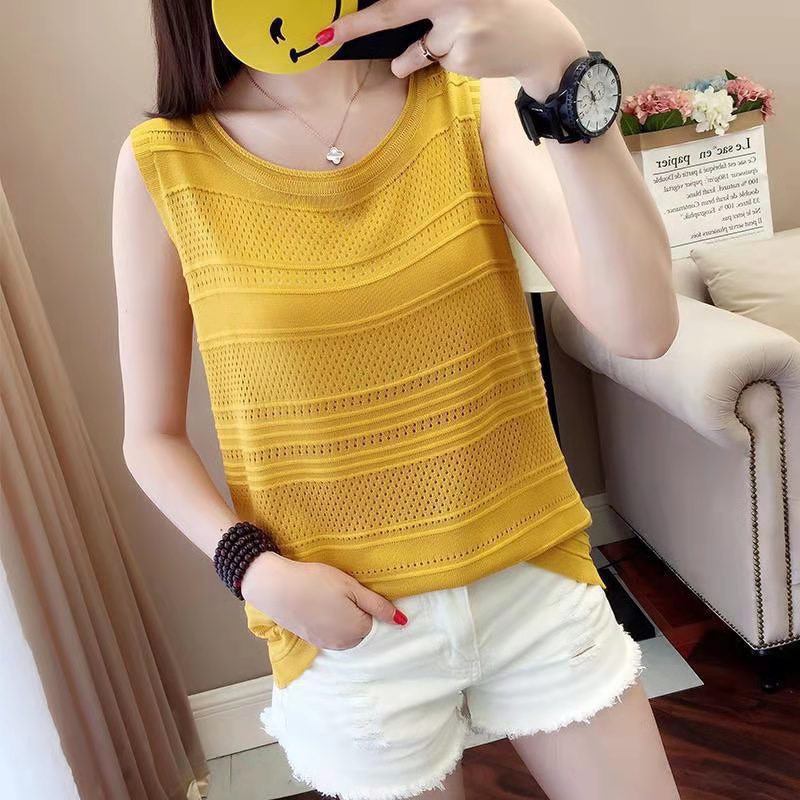 รุ่น418 เสื้อไหมพรมสวมใส่ด้านนอกแขนกุด ฤดูร้อนโครเชต์กลวงรอบคอถัก
