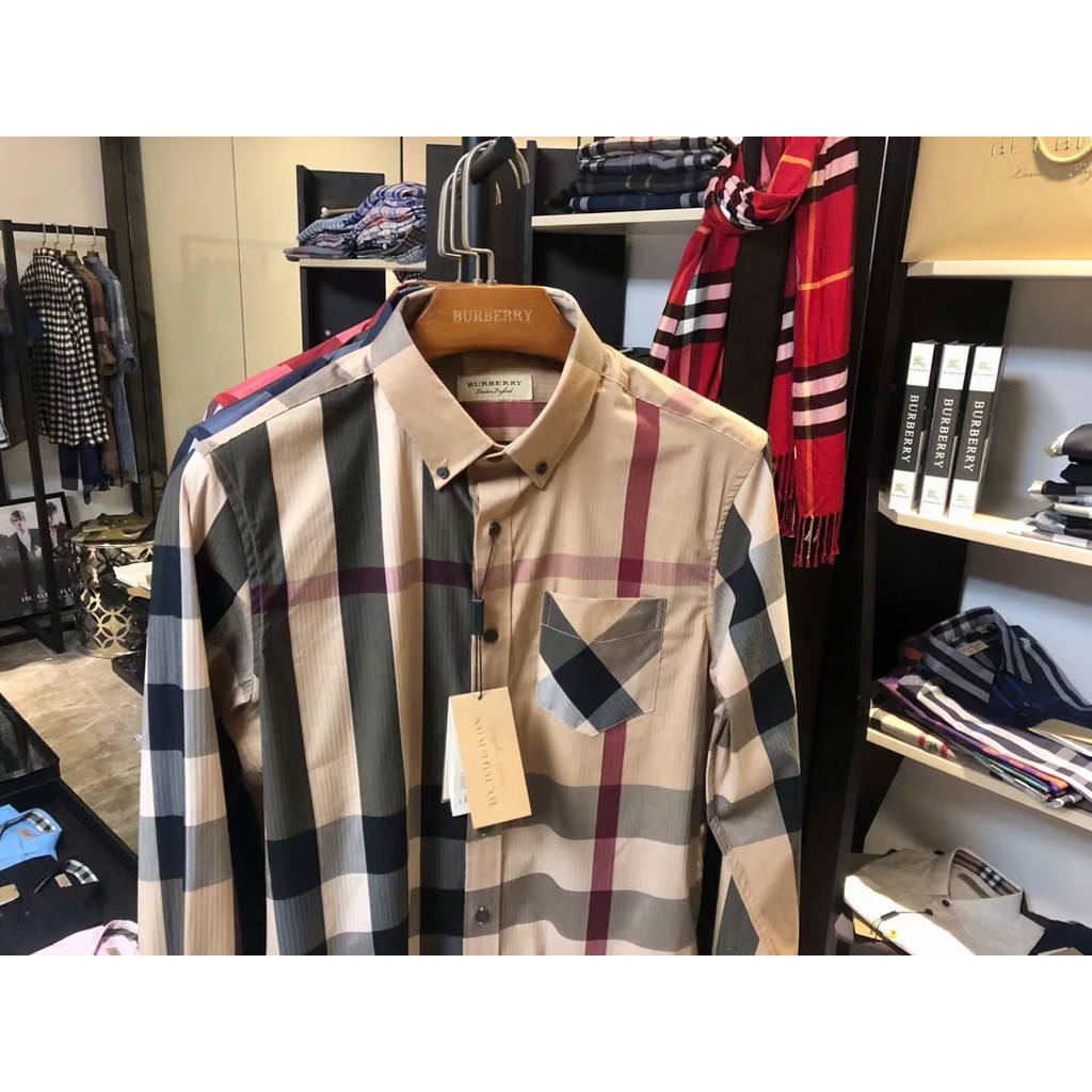 High Quality British Men's Brand burberry Long Sleeve Checkered Business Dress Shirts Cotton Office Plaid Men T-shirts R #4