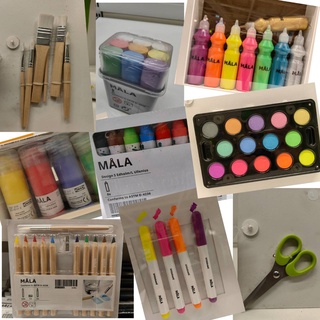 MÅLA มัวล่า สีสะท้อนแสง/ กล่องสีน้ำ 14 สี/ สีน้ำหลอด/ ดินสอสี/ ชอล์ก/ สีเทียน/ ชุดพู่กัน/ กรรไกร/ ปากกาไวท์บอร์ด