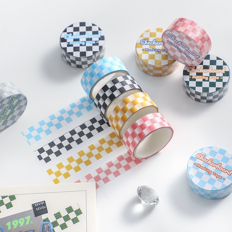 PenLab 1 ชิ้น Checkerboard Masking Tape 15 มม.กระดาษตรวจสอบหลายสี Washi เทปสติกเกอร์ตกแต่งโรงเรียน C6996