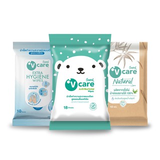 V care วีแคร์ ผ้าเปียก 3 สูตร แอนตี้แบคทีเรีย + สูตรธรรมชาติ + สูตรสะอาดพิเศษแอลกอฮอล์ 70%