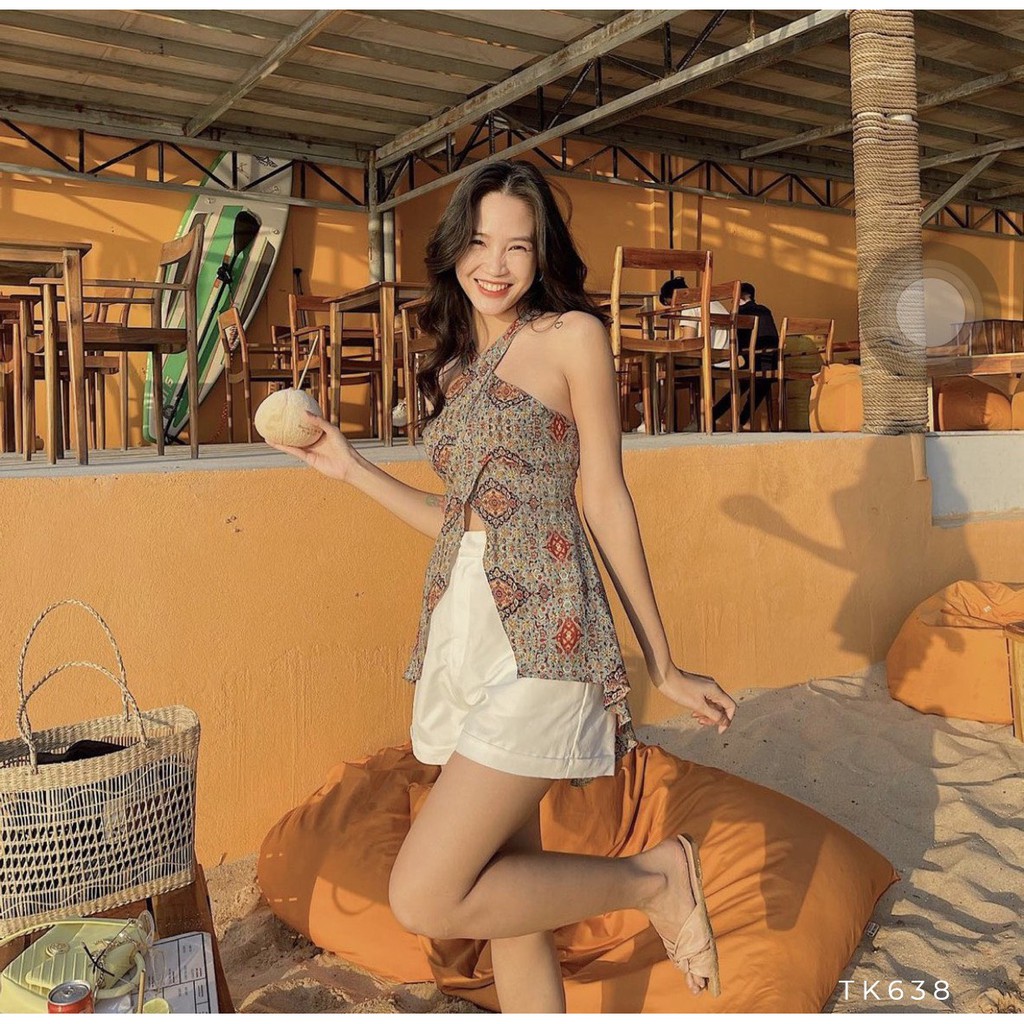 [HCMC EXPRESS] เสื้อลายผ้าผ้าผ้าสวยอ่อนเยาว์เฉพาะคอปกเปิดไหล่ไปทะเล