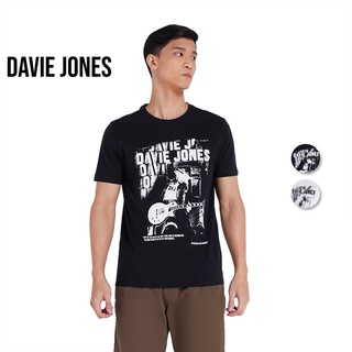 เสื้อยืดผ้าฝ้ายพิมพ์ลายราคาต่ำสุดDAVIE JONES เสื้อยืดพิมพ์ลาย สีดำ สีขาว Graphic Print T-Shirt in black white TB0212BK T