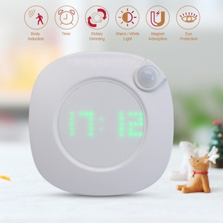 1PC Motion Sensor Night Light With Clock Battery Power PIR Sensor Two Lighting Color Adjustable Brightness Magnet Night Lamp