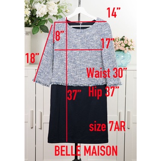 เดรส BELLE MAISON มือสอง ผ้าทอ ผ้านิ่มไม่คัน เสื้อสีน้ำเงินครีม กระโปรงสีกรมท่าเข้ม ชุดมีผ้าซับในอย่างดี แขนยาวน่ารัก