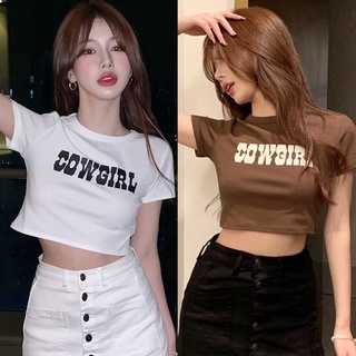 ✅ส่งไว✅สต็อกไทย เสื้อคอกลมแขนสั้นทรงครอป สกรีน COWG|RL 2 สี