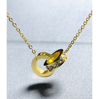 💫สร้อยคอจี้เพชรสวิสczล้อมวงสองวงลายคาร์เทียร์สแตนเลสแท้หุ้มทอง14K สีทอง สีพริ้งโกลด์ ขนาดจี้ 12x12mm.สร้อยยาว18นิ้ว