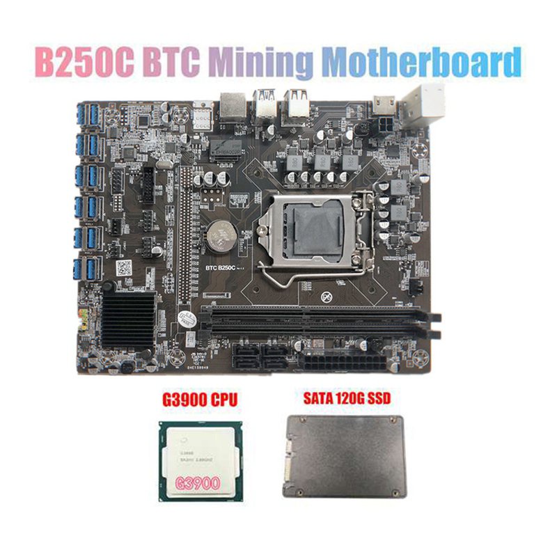 B250C BTC Mining Motherboard with G3900 CPU+120G SSD LGA1151 12XPCIE to USB3.0 Graphics Card Slot for BTC Miner Mining J