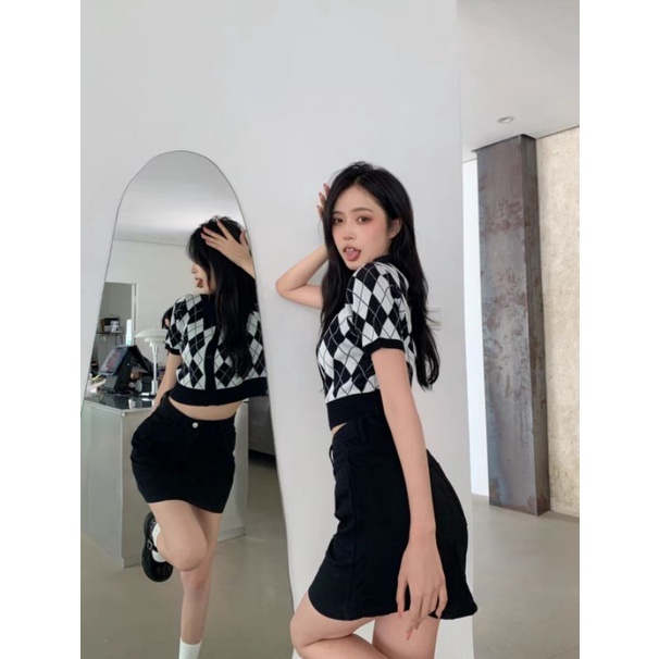 TAOBAO TAOBAO TAOBAO| เสื้อครอปไหมพรมจั๊มลายสี่เหลี่ยม