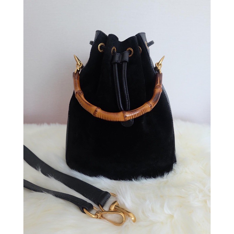 Gucci vintage bamboo black suede leather bucket bag
