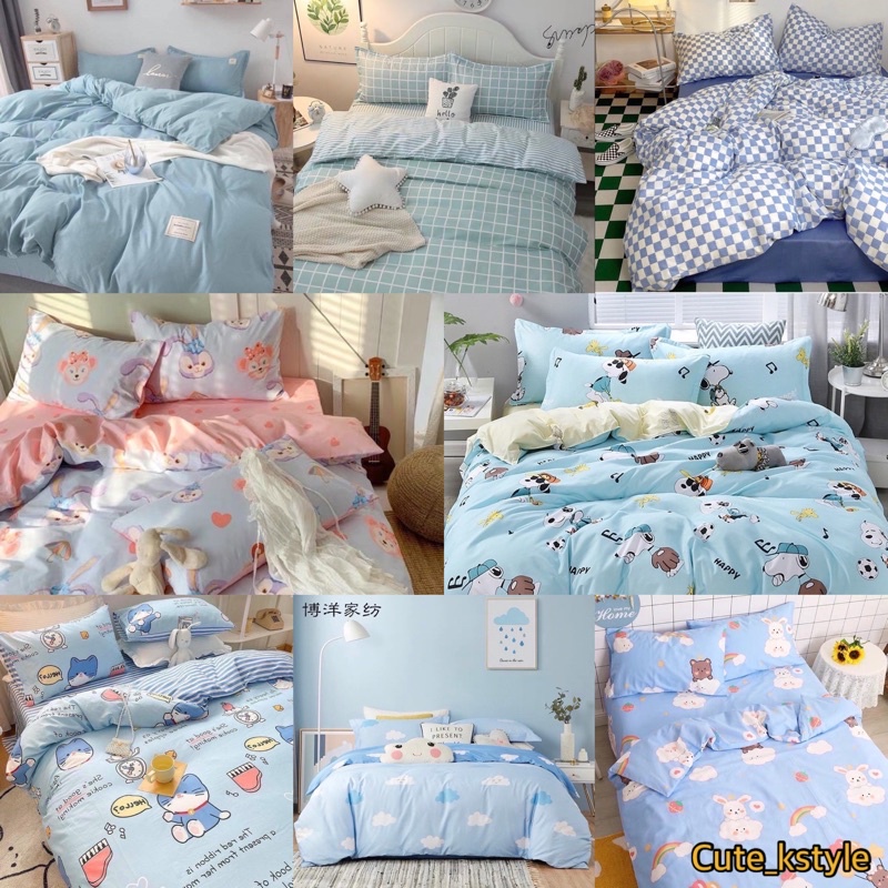 ส่งEMS ครบชุด ชุดเครื่องนอน + ผ้านวม ผ้าปูที่นอนมินิมอล ผ้าปูสีฟ้า สีน้ำเงิน สไตล์เกาหลี มูจิ muji