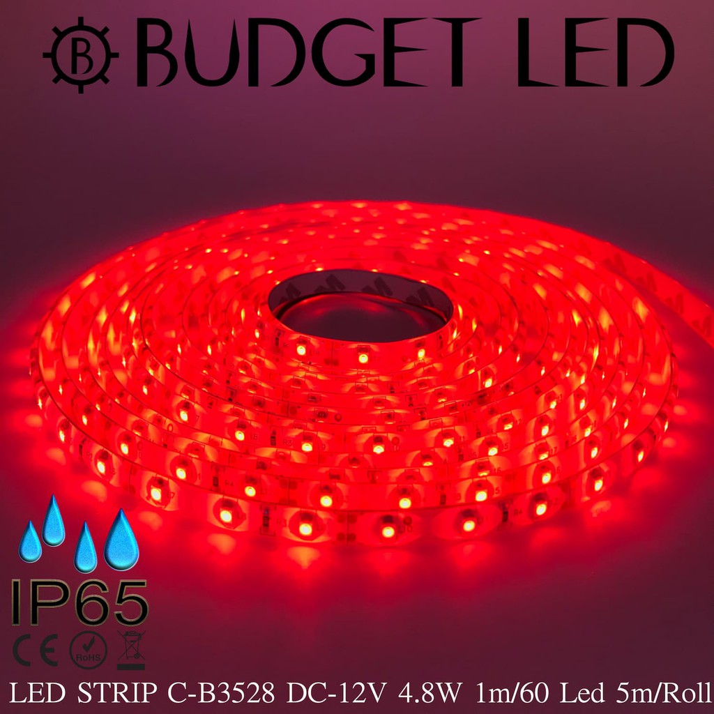 LED STRIP C-B3528-60-RED DC-12V 7.2W/1M IP65 ยี่ห้อBUDGET LED แอลอีดีไฟเส้นสำหรับตกแต่ง 300LED/5M 36