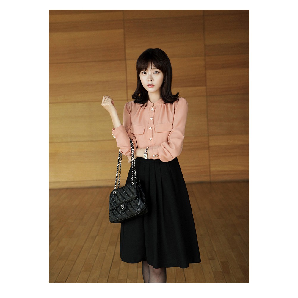 FA2SHOP รุ่น DQ-01-014 เดรสแขนยาวเกาหลี คอจีนกระเป๋าแต่งหลอก