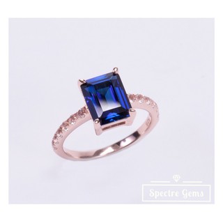 แหวนเงินแท้ 925 พลอยแท้ Sterling Silver Ring 92.5% topped with Blue Sapphire (Dark Blue) ชุบ 18K โรสโกลด์ *พร้อมส่ง*