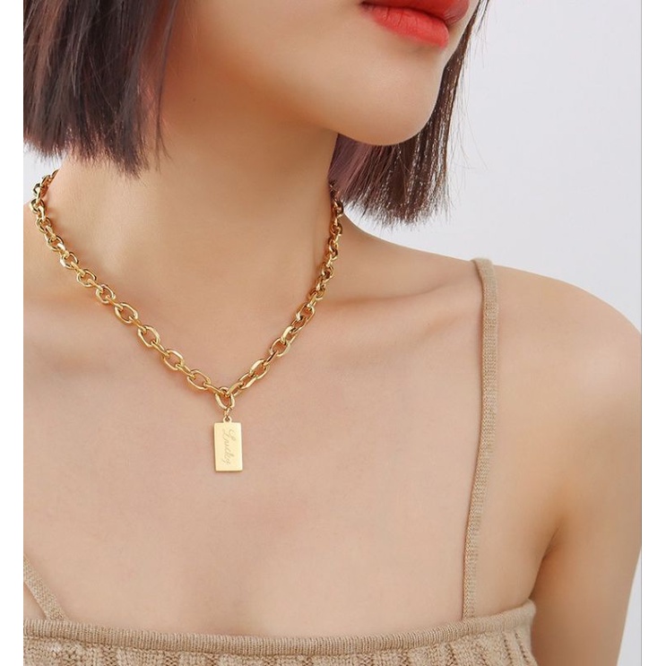 TTN7256 - สร้อยคอโซ่ไทเทเนียม LUCKY tag (สีเหลือง)