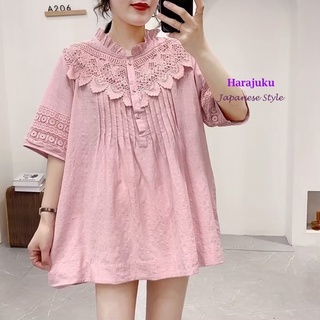 Harajuku  🥕เสื้อสไตล์ญี่ปุ่น เสื้อตัวยาว แต่งงานปักลูกไม้ที่แขนและอก มี 3สี