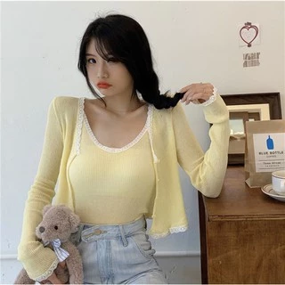Cicishop(2768)Set เสื้อครอปแขนยาว+สายเดี่ยว ผ้าไหมพรมแต่งลูกไม้