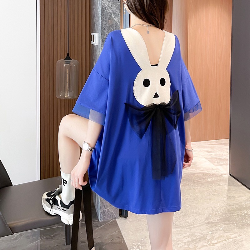 เสื้อแขนสั้นสาวอวบ (อก 46 นิ้ว) สกรีนลาย ด้านหลังกระต่ายแต่งโบว์ตาข่าย Oversize ผ้าคอตตอล A53