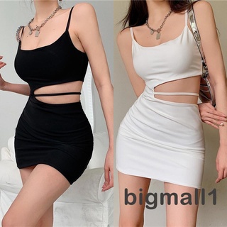 Bigmall-ชุดมินิเดรสสําหรับสตรีเซ็กซี่แขนกุดมีสายคล้องสีพื้น Bodycon