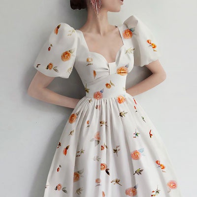 🔥Hot Sale/Stubble Rose Manor French Girl Bow Princess Dress High Waist Puffy Retro Puff Sleeve Print