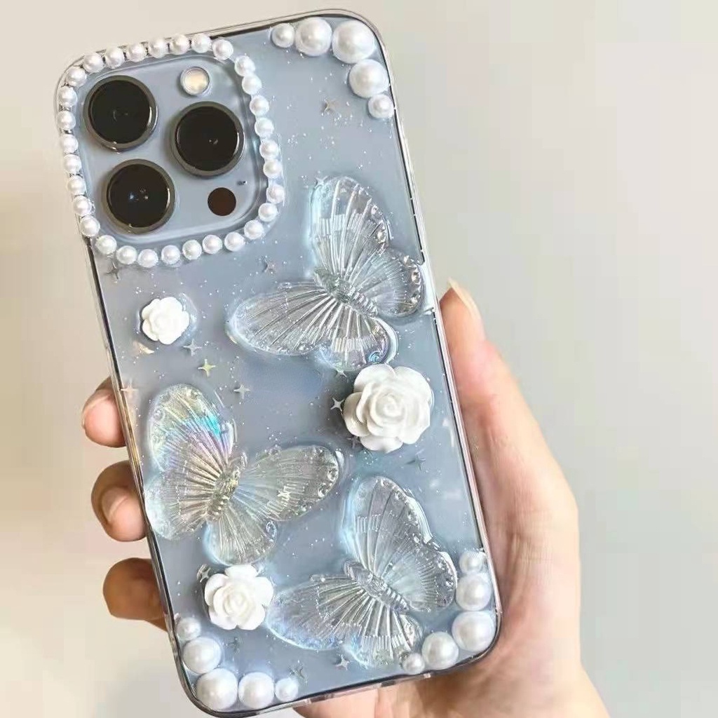 compatible for iPhone 17 16 15 Pro Max เคสมือถือ แบบใส อีพ็อกซี่ ลายผีเสื้อ ดอกกุหลาบ สำหรับ for iphone 14 pro 13 12 / 11 Pro Max / Mini Xs Max Xr X 8 7Plus