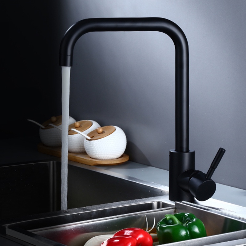 ก๊อกน้ำอ่างล้างจาน ก๊อกน้ำซิงค์ล้างจาน 2ระบบร้อน-เย็น คอหมุนได้360° สแตนเลส304 สีดำ Black Faucet รุ่น FF901