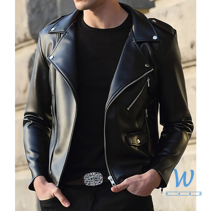 [Stok Sedia Ada] เสื้อแจ็คเก็ตหนัง PU Motor Lelaki Potongan Ramping / Mens Madscom Slim Fit PU Leath