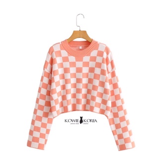 Kowie Korea  Orange Love เสื้อครอปไหมพรมลายสก๊อตสีส้ม  (195) Price 690 ฿