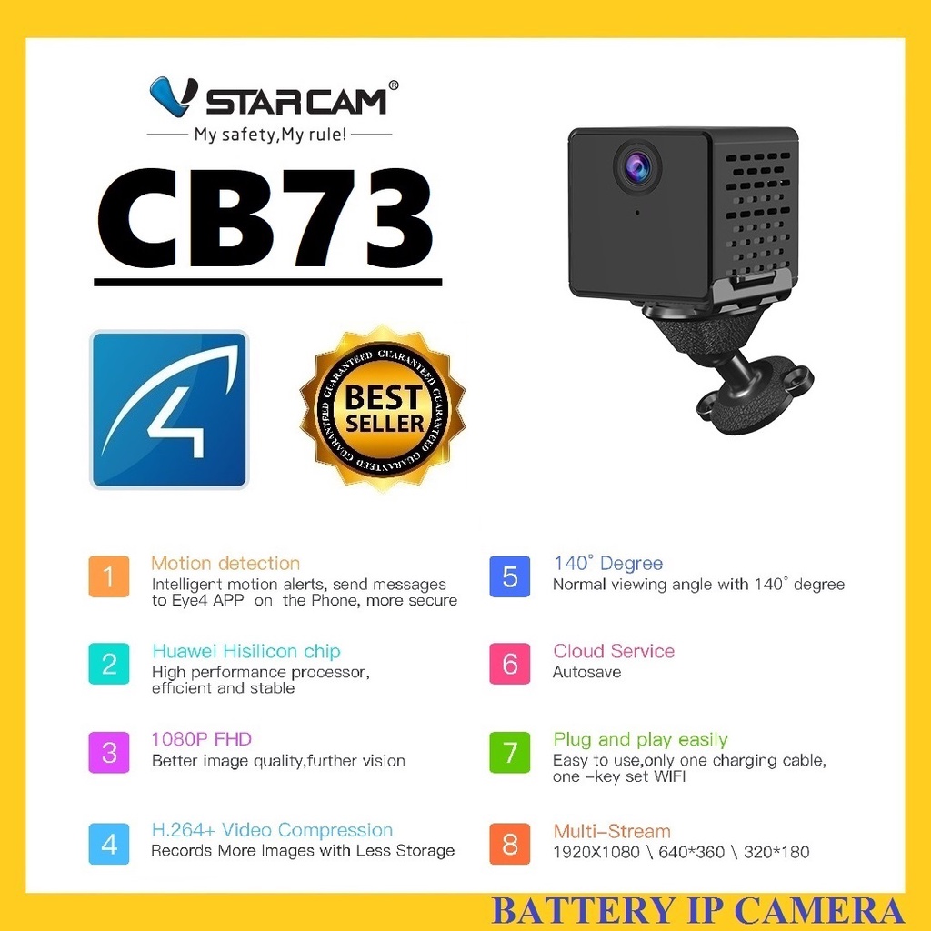 VSTARCAM CB73 FULL HD 1080P 2.0MegaPixel H.264+ WiFi กล้องวงจรปิด มีแบตเตอรี่ในตัว