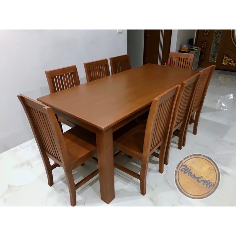 โต๊ะอาหารไม้สักทอง 100 % ส่งฟรี รหัส T03 (ยาว 200 กว้าง 90 สูง 80 cm.) พร้อมเก้าอี้ 8 ตัว ส่งฟรี (ยกเว้นอีสานและใต้)