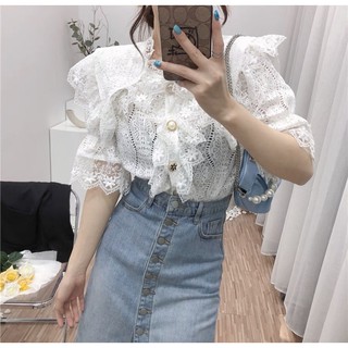 🎀พร้อมส่ง🎀เสื้อลูกไม้แต่งระบายที่อกใส่ออกงาน เสื้อฉลุเนื้อนิ่มงานบุญงานบวช