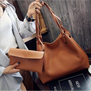 Fashion Bag กระเป๋าเป้ กระเป๋าสะพายข้างสีดำ กระเป๋าเซต 2 ใบ No.0111- Brown