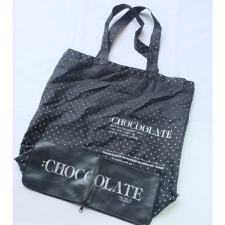 Chocoolate Tote Dag Size 16" x 16" สีดำ ผ้าร่ม ลายจุด มือสอง ของแท้