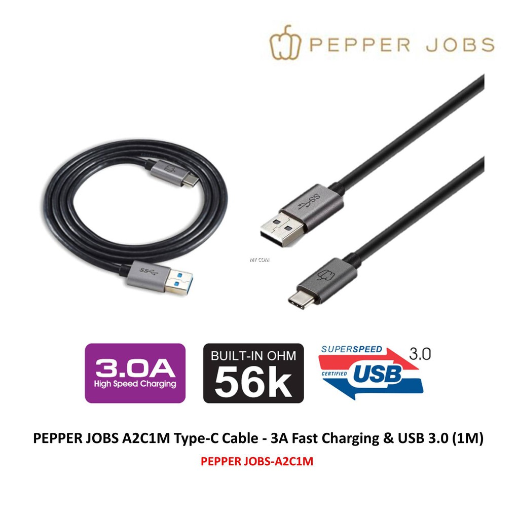 สายเคเบิล PEPPER JOBS A2C1M Type-C - การชาร ์ จอย ่ างรวดเร ็ ว 3A และ USB 3.0 ( 1M )