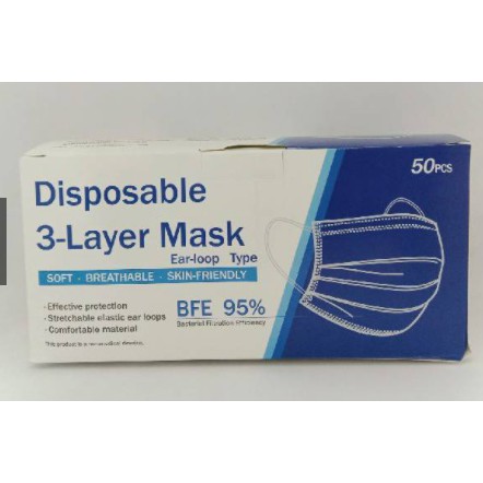 Disposable Face Mask 50 ชิ้น หน้ากากอนามัย ผ้าปิดจมูกอนามัย หนา 3 ชั้น 1 กล่อง 19052