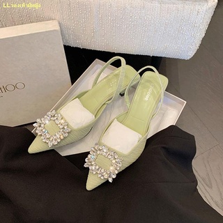 ขายร้อน🍃🌺2022 ใหม่ rhinestone หัวเข็มขัดสแควร์ pointed toe back รองเท้าส้นสูงที่ว่างเปล่ารองเท้าแตะผู้หญิง stiletto รอ