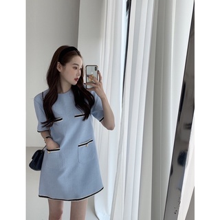 พรี  2 สี ฟ้า, น้ำเงินกรมท่า น่ารัก ซิปหลัง Kara Tweet Dress