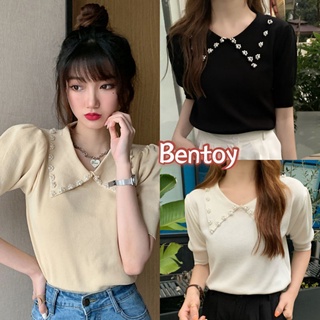 bentoy(BA25)เสื้อครอปคอปกแต่งไข่มุกแขนสั้นแขนตุ๊กตาน่ารักมากดูแพง