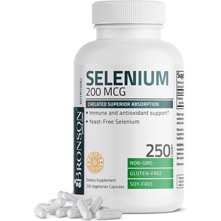 Bronson Selenium 200 mcg 250 Capsule วิตามินสำหรับระบบภูมิคุ้มกัน, ไทรอยด์, ต่อมลูกหมากและสุขภาพหัวใจ