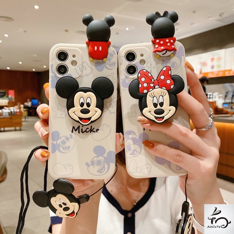 เคส iPhone 16 15 14 13 12 11 Pro Max X XR XS Max 8 7 6 6S Plus + SE 2020 3D Mouse Doll Stand Lanyard Protect Camera Soft Case